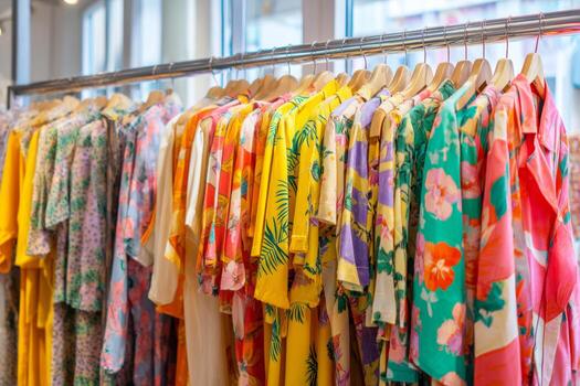 un boutique caracteristicas un hermosa formación de vistoso verano vestidos esmeradamente desplegado en bastidores el brillante antecedentes mejora el vívido patrones, atractivo compradores a explorar foto