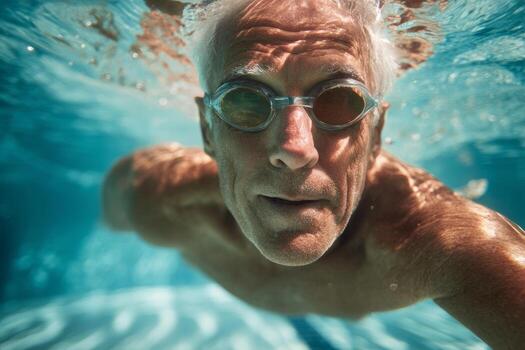 A senior man swims laps in a stunning outdoor pool, demonstrating impressive strength and stamina while displaying a determined expression. The clear water accentuates his movements photo