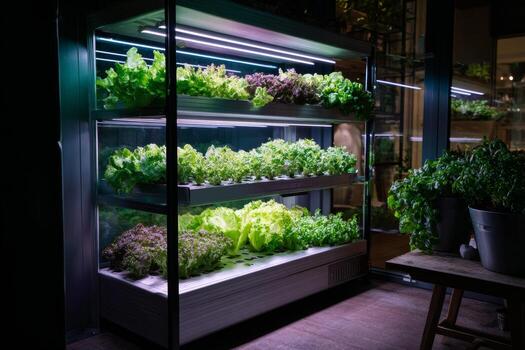 A compact vertical garden setup thrives in a small urban patio, showcasing various types of lettuce illuminated by LED lights. Automated irrigation ensures healthy growth in limited space photo