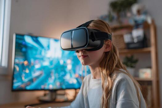 A student explores a detailed virtual environment using a VR headset in their cozy home setting while participating in an online education program. The room is equipped with a large monitor photo