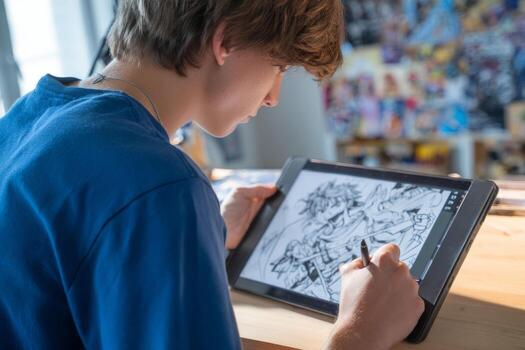 A teenager is focused on sketching while following live instructions on a tablet. The bright indoor space is filled with art supplies and inspiration, enhancing the learning experience photo