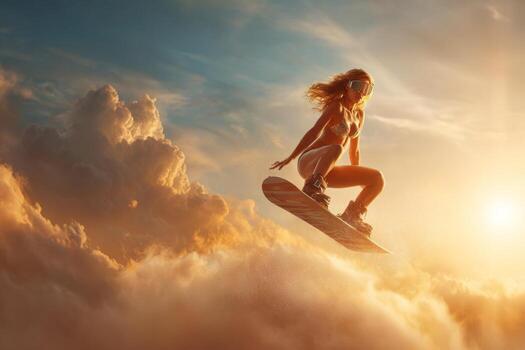 A talented snowboarder catches air while executing a dynamic trick against a backdrop of soft clouds illuminated by a stunning sunset. The warm colors enhance the exhilarating moment photo