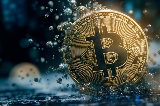 A Bitcoin coin is shown breaking apart into digital particles, illustrating the concept of decentralization and the essence of the digital currency. The vibrant details enhance its futuristic aspect photo