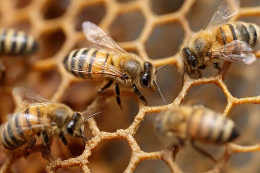 Honeybees work diligently on a honeycomb in a lush garden. Their activity showcases the teamwork necessary for hive productivity, reflecting natures intricate balance photo