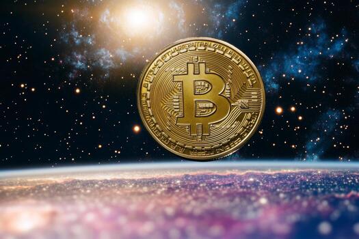 A bitcoin coin is seen floating in outer space against a stunning galaxy backdrop. This captivating visual represents the limitless potential of cryptocurrency and digital finance photo