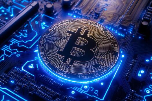 A Bitcoin coin sits atop a detailed circuit board, illuminated by a vibrant electric blue glow. This high-tech concept demonstrates the fusion of digital currency and technology photo