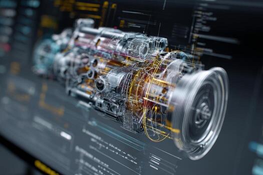 A detailed 3D model of a car engine can be seen rotating on a computer screen photo