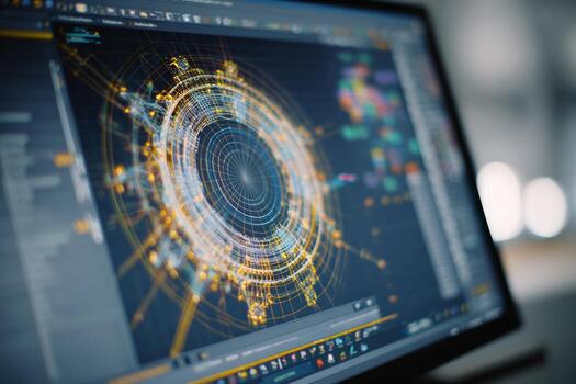 Complex 3D modeling software displays a detailed wireframe of a mechanical part rotating on a computer screen. The high-resolution graphics enhance visual clarity and detail photo