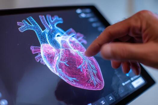 A hand is skillfully rotating a detailed 3D model of a human heart on a touchscreen. The visual is highly vibrant and demonstrates intricate anatomical features photo