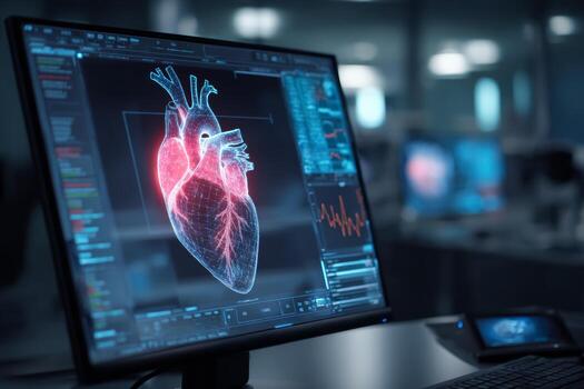 Close-up view of a high-tech medical workstation showcasing a detailed 3D model of a human heart with vibrant colors, reconstructed from CT scans in an advanced healthcare facility photo