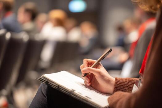 A person is deeply engaged in a seminar, holding a notepad and pen. The focus is on note-taking in a room filled with other participants, indicating an educational environment photo