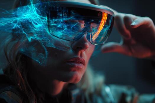 A woman focuses intently while wearing futuristic augmented reality glasses. Bright blue holographic elements emanate from the device, creating a captivating atmosphere in a high-tech lab photo