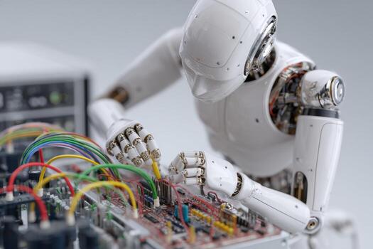 A humanoid robot is focused on connecting wires and assembling components on a circuit board in a high-tech environment. Bright colored wires are visible among the intricate circuitry photo