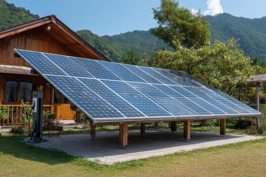 Close-up of a solar panel array situated next to a rural house, generating energy for an electric vehicle charging station installed conveniently in the driveway photo