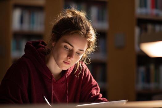 In a calm library, a focused student dressed in a red hoodie writes notes at a desk. The warm light illuminates her concentrated expression while surrounded by bookshelves photo