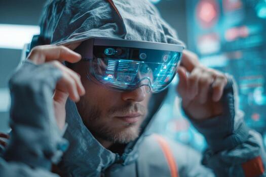A man wearing advanced augmented reality glasses focuses intently as he prepares for a virtual experience in a high-tech laboratory. Colorful data displays surround him photo