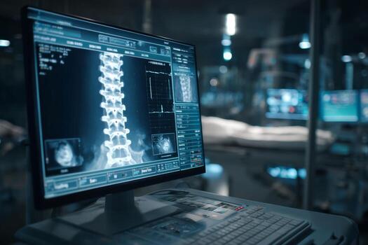 The MRI control station features a monitor showing detailed real-time images of a patients spine during an examination in a healthcare setting. Medical professionals observe the scan closely photo