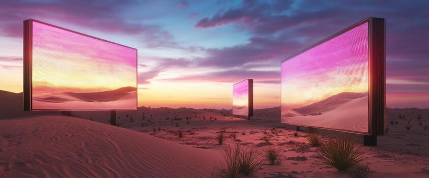Three digital led posters illuminate the desert, displaying vivid colors against a backdrop of rolling sand dunes and a breathtaking sunset sky photo
