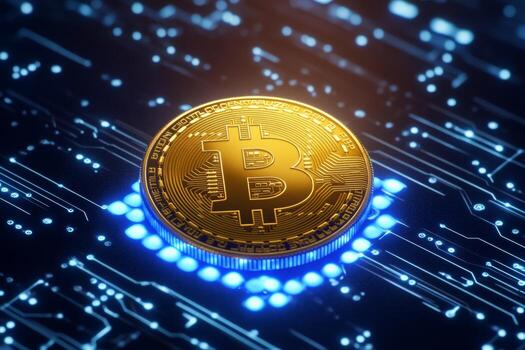 A golden bitcoin coin is embedded in an intricate digital matrix, surrounded by a radiant blue glow, showcasing advanced technology in high resolution photo