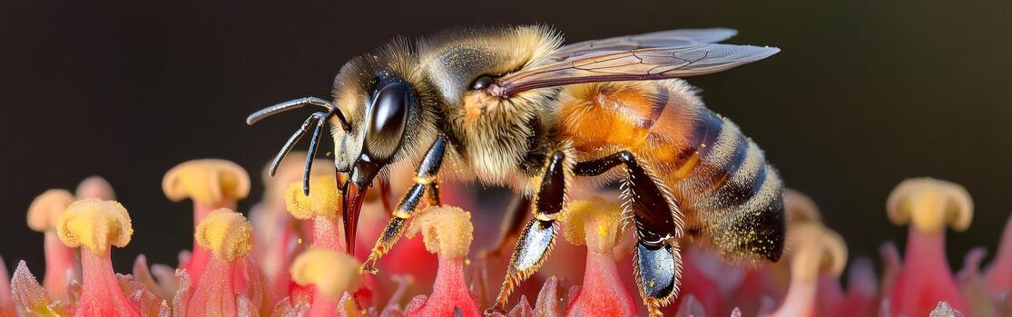 A honeybee actively collects nectar from a colorful flower in a lush garden setting. The bright midday sunlight enhances the vivid colors of the petals and the bees detailed features photo