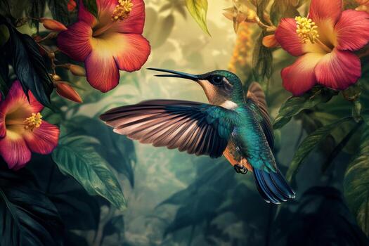A hummingbird hovers near exquisite tropical flowers, revealing iridescent feathers and intricate wing patterns. The scene captures vibrant colors and soft lighting in a lush garden setting photo