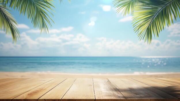 A wooden table stands ready for product display, framed by palm leaves. In the background, a calm sea meets a bright sky under soft bokeh lights, evoking summer and relaxation photo