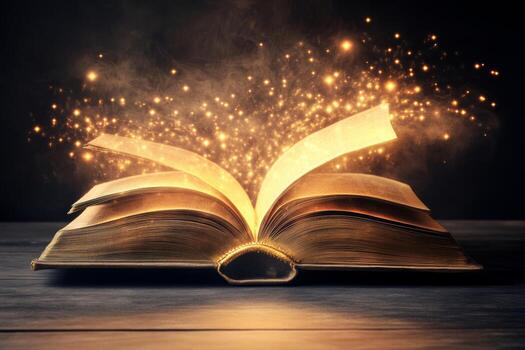 In a dimly lit space, an open book reveals radiant, glowing pages that emit enchanting sparks. The magical effect captivates the viewer, creating a mystical atmosphere photo