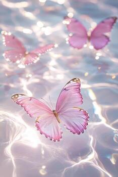 Glossy pink butterflies gracefully flutter above crystal clear pink water, creating a magical ambiance filled with light and dreamy gradient colors at sunset photo