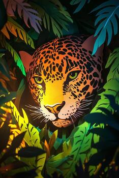 A stunning close-up reveals a jaguars face emerging from a lush rainforest. The intricate paper-cut design features vibrant colors and dynamic light and shadow interplay photo