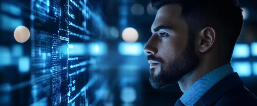A business man gazes intently into the future of technology, surrounded by visual representations of artificial intelligence in dark blue hues, reflecting on innovative possibilities ahead photo