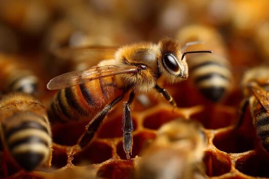 A honeybee is seen actively working on honeycomb in a beehive during the warm summer season. The bee collects nectar and pollen among other bees, showcasing its role in the hive photo