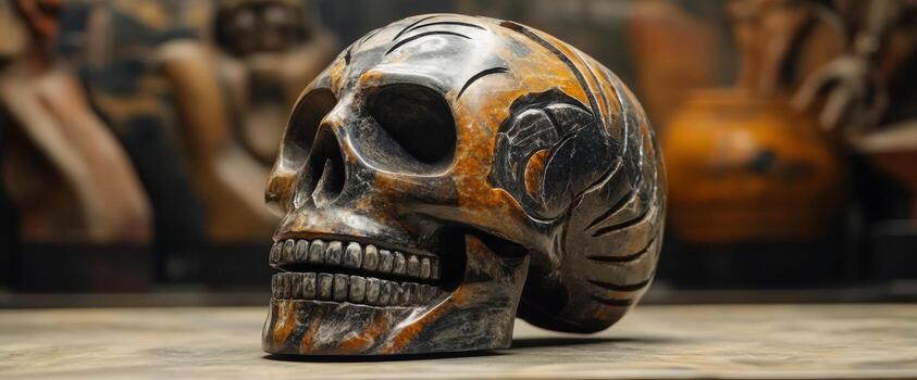 A detailed skull avatar made of various materials is presented in an artistic display. The background features cultural artifacts that enhance the visual narrative and context photo