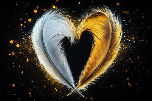 Two delicate feathers, one white and one golden, are beautifully intertwined to form a heart shape. Surrounding them are shimmering particles, creating an enchanting atmosphere photo