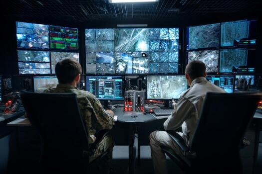 Two military personnel are focused on their tasks at a command center. Large screens show live feeds and data analytics, providing crucial information for decision-making during operations photo