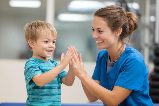 un alegre joven chico obras de teatro aplauso juegos con un simpático terapeuta en un vistoso terapia habitación. ellos son ambos sonriente y comprometido en esta divertido actividad para aprendizaje y desarrollo foto