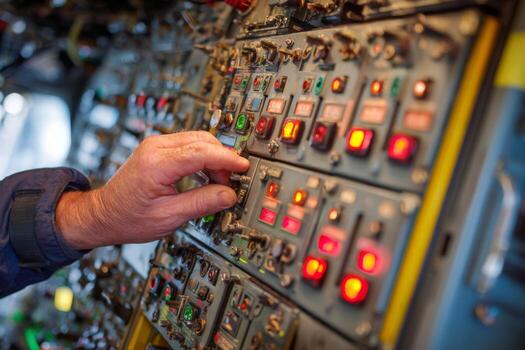 A pilots hand is seen adjusting a control on the cockpit panel filled with various lights and switches. The environment is dynamic, reflecting an active flight situation photo