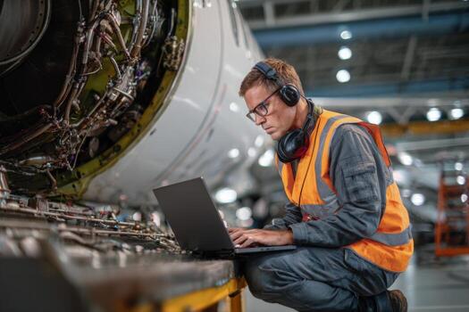 In a busy aircraft maintenance facility, an engineer with safety gear is focused on a laptop, managing data while surrounded by large airplane engines and tools photo
