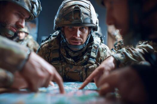 Soldiers engage in a focused discussion while examining a detailed map. They carefully analyze points of interest, sharing insights on mission planning during training photo