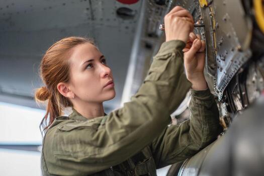 A technician is focused on repairing aircraft mechanisms at an airbase. She is using tools to ensure the aircraft operates safely and efficiently photo