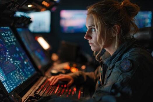 A woman in a military uniform sits at a control station, intently working on a computer in a dimly lit, high-tech environment, surrounded by multiple screens displaying data photo