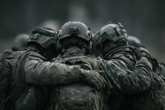Soldiers gather closely in a display of solidarity and support during a training mission. The evening light highlights their dedication and resolve in a challenging setting photo