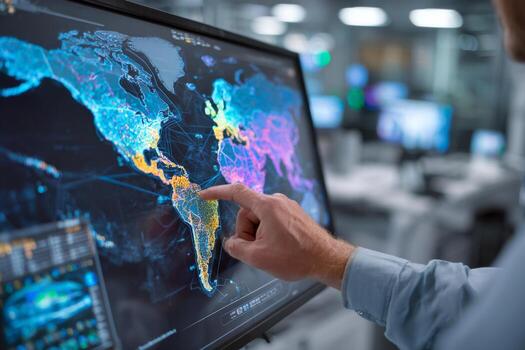 A person is interacting with a colorful data visualization map on a large screen in a high-tech office. Bright colors highlight various regions across the globe, showcasing advanced analytics photo
