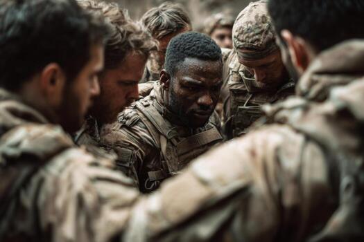 A group of soldiers, wearing tactical clothing and gear, huddle closely together in a forest. They are sharing strategies and supporting each other during a training exercise in the evening light photo