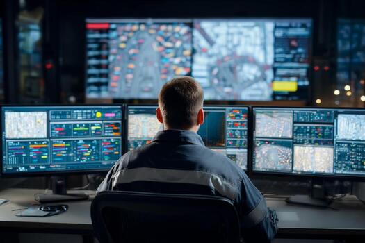 A person is seated in a command center, observing multiple monitors that show urban traffic patterns. The screens display colorful data and maps, reflecting ongoing activities and vehicle movements photo