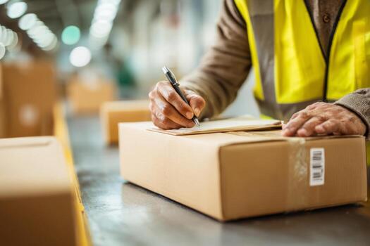In a busy distribution center, a worker in a safety vest labels packages on a conveyor belt. The environment is filled with cardboard boxes and bright overhead lights photo