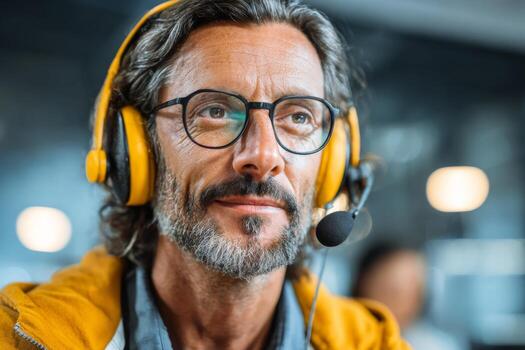 A man with a beard and glasses is engaged in a virtual meeting while wearing bright yellow headphones. The modern office space features soft lighting and a collaborative atmosphere photo
