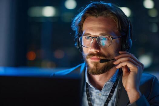 In a dimly lit modern office, a focused man with a beard and glasses uses a headset while working on his computer. The city lights shine through the window behind him photo