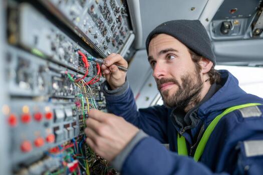 A technician is fixing electrical connections in an aircrafts control panel inside a hangar. He is focused on his task, showing dedication to safety and precision photo