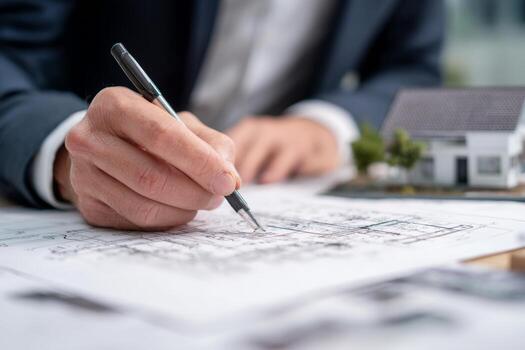 A focused architect sketches detailed building plans while holding a pen. A small model house sits nearby, showcasing design concepts in a contemporary office setting photo