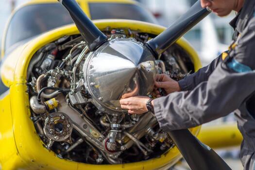 A skilled mechanic carefully inspects and maintains the engine of a yellow aircraft at an airfield during a bright day. The focus is on the intricate details of the engine components photo